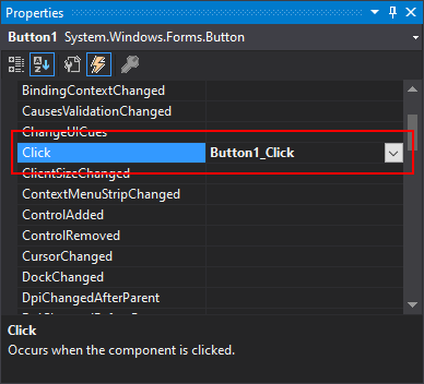 Volet propriétés de Visual Studio affiché avec le mode événements activé et l’événement click.