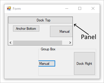 Formulaire Windows avec un panneau et une zone de groupe.