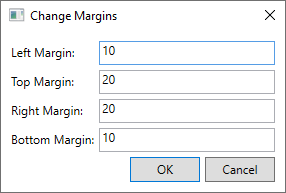 Fenêtre de boîte de dialogue pour WPF qui affiche les zones de texte gauche, supérieure, droite et inférieure.