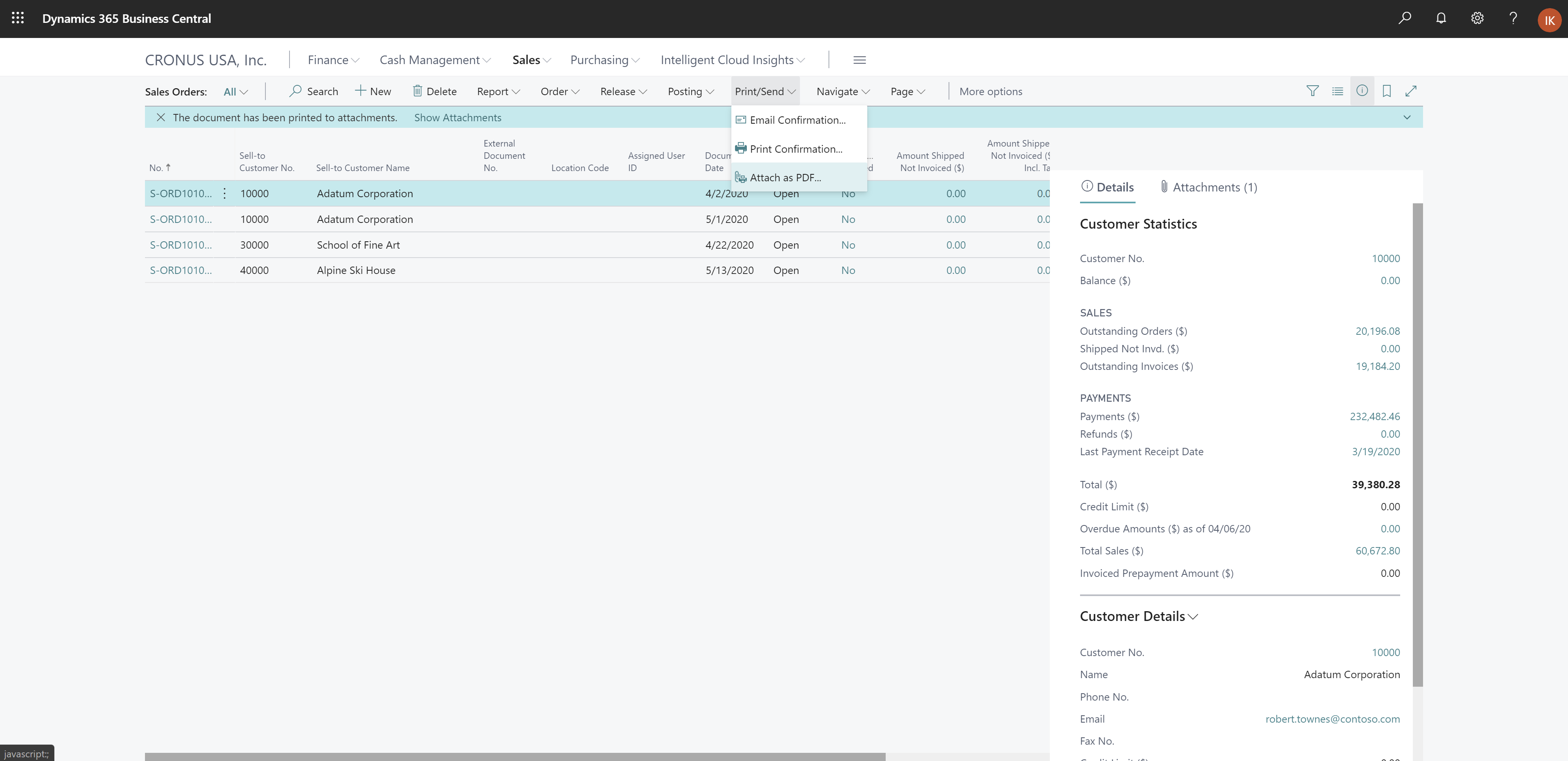 Afficher l’action Joindre en tant que PDF sur la page de liste Commandes vente