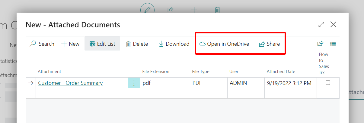 Les actions Open in OneDrive et Partager pour les pièces jointes