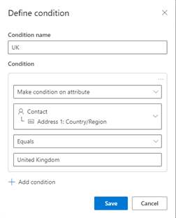 Capture d’écran montrant le bloc de contenu All Country Footer avec une condition définie.