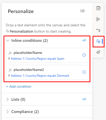 Capture d’écran montrant l’onglet de personnalisation avec des espaces réservés.