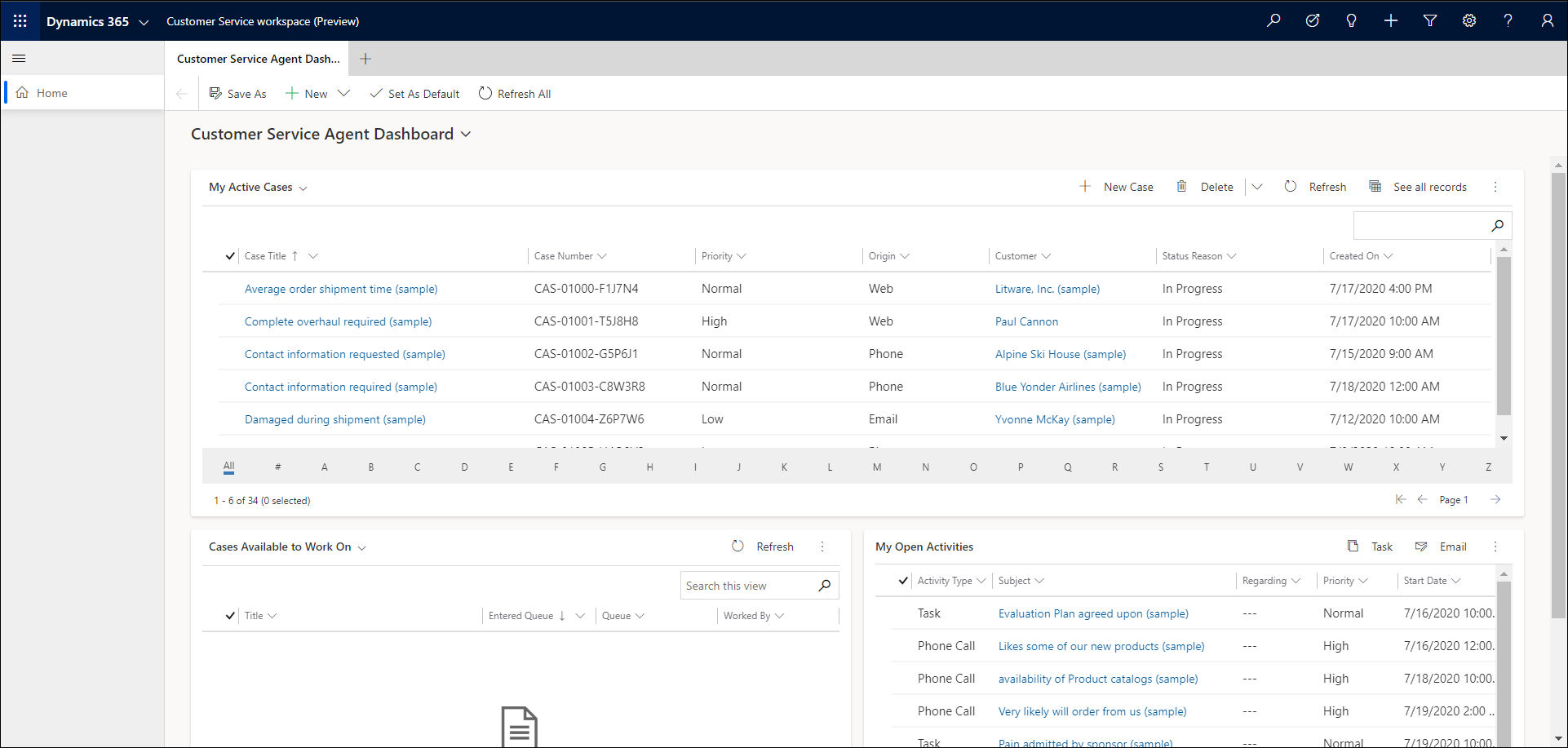 Tableau de bord de l’agent Customer Service Workspace.