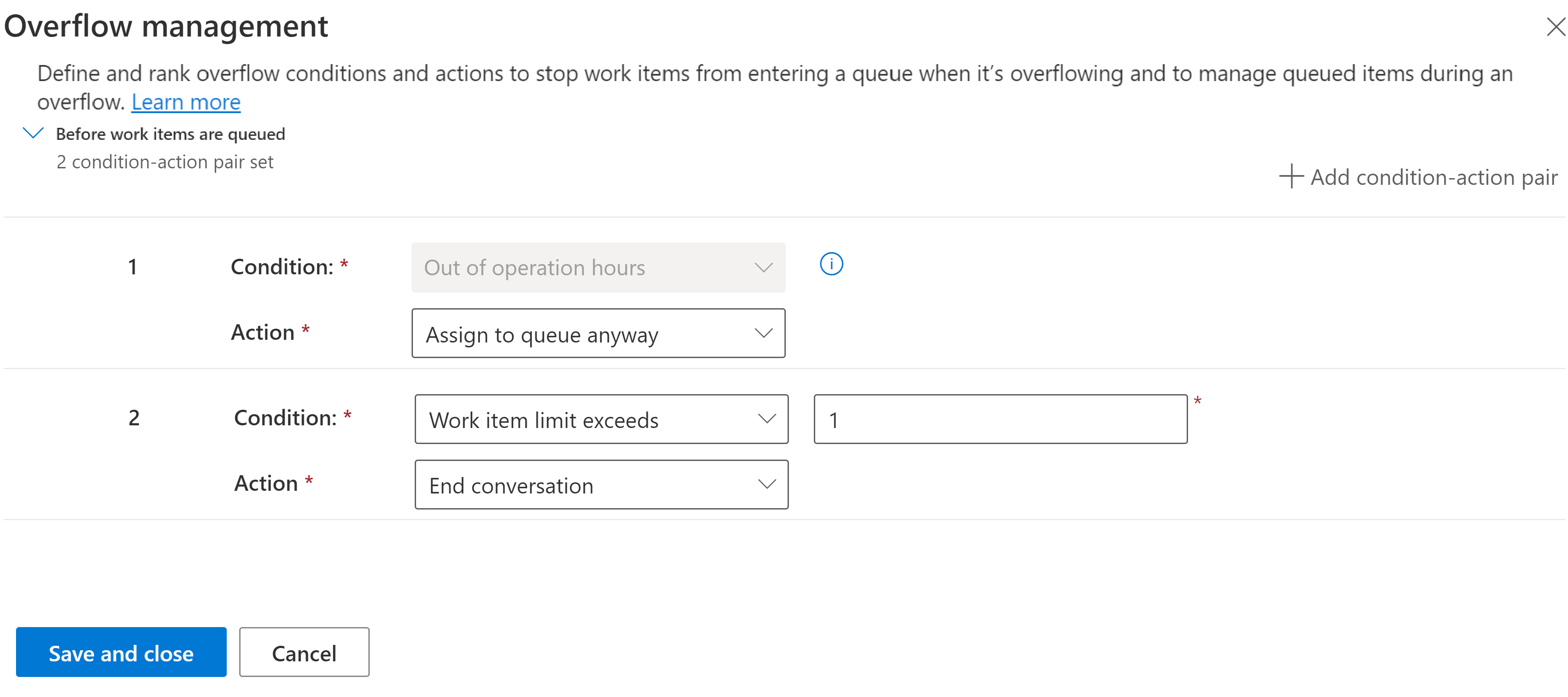 Une capture d’écran de la condition de débordement et des paires d’actions configurées pour une file d’attente.