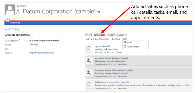 Ajouter des activités dans Dynamics 365 Customer Engagement (on-premises).