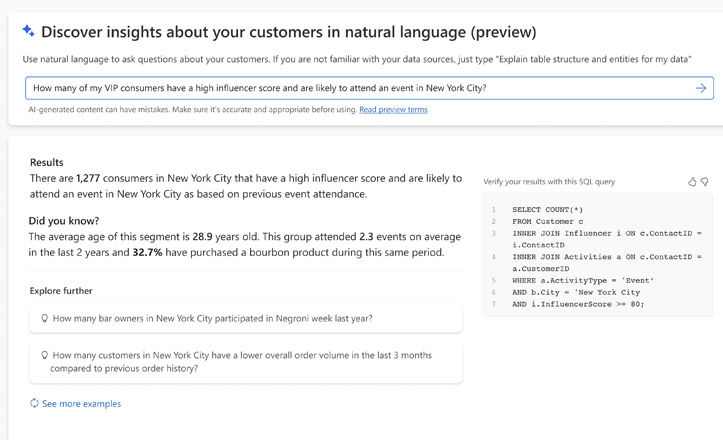 Image de l’interface utilisateur montrant les entrées, les réponses et les informations détaillées, les questions suggérées et la syntaxe SQL.