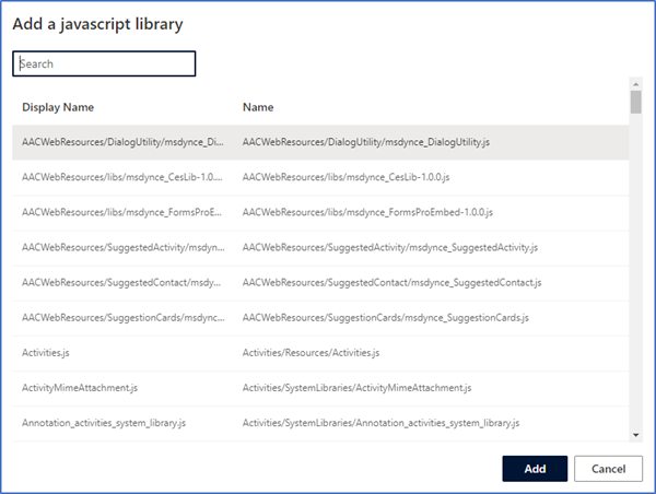 Capture d’écran montrant une liste de bibliothèques JavaScript à ajouter à une prévision.