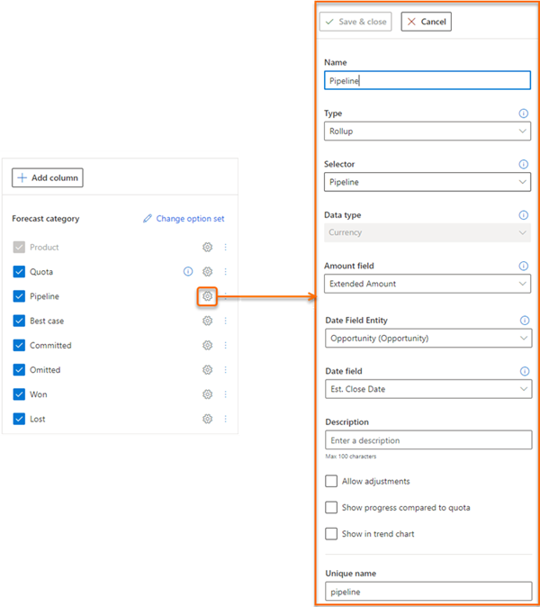 Sélectionnez une option de configuration pour une colonne.