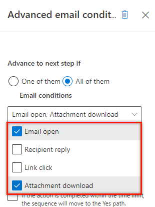 Capture d’écran de sélection des cases E-mail ouvert et Pièce jointe téléchargée.