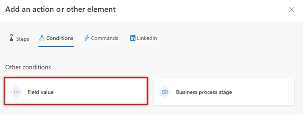 Capture d’écran de l’onglet Conditions dans l’étape de sélection d’activité pour les valeurs de champ.