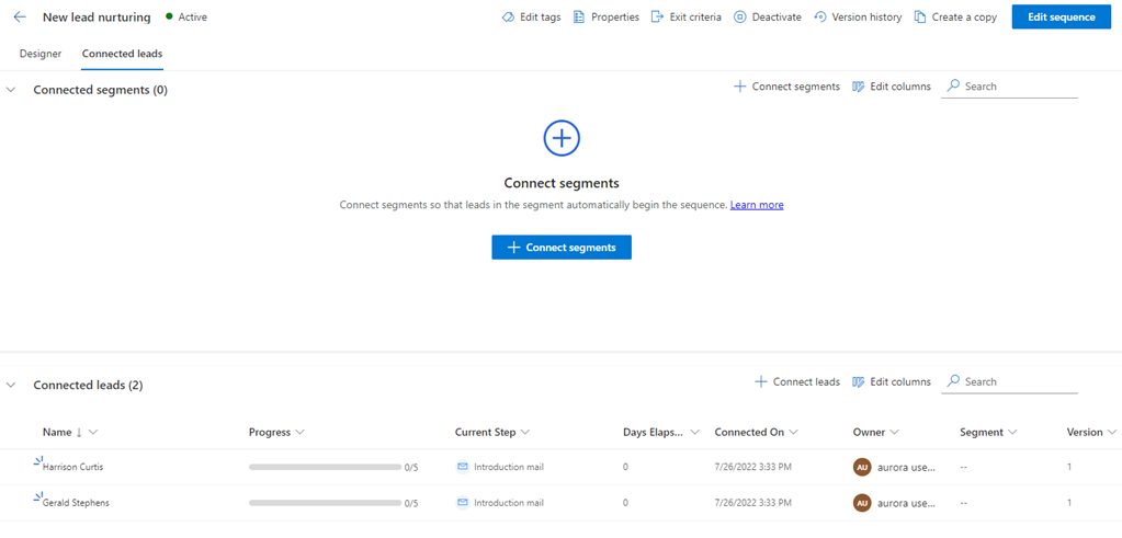 Enregistrements de prospects connectés à la séquence