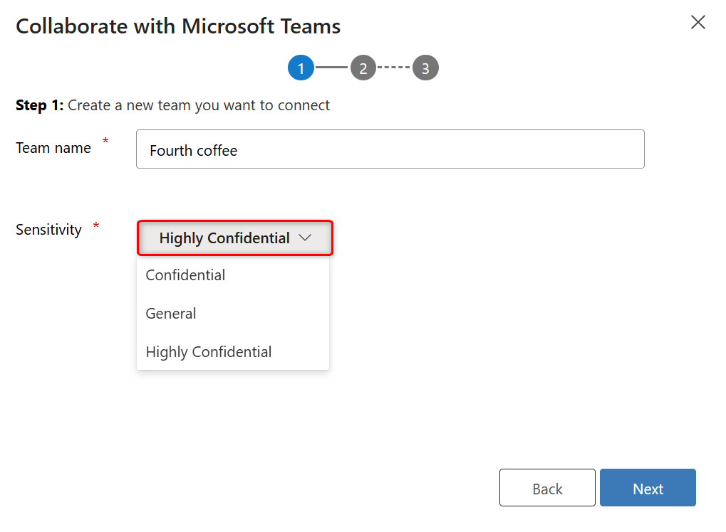 Capture d’écran du menu déroulant des étiquettes Sensibilité lors de la création d’une équipe.