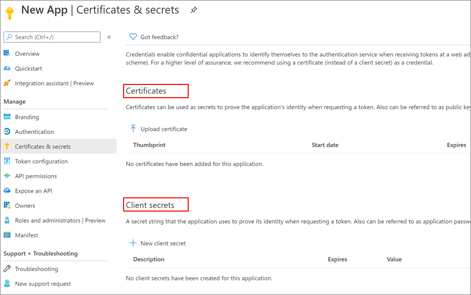 Capture d’écran des certificats et des secrets client sous Nouvelle application, Certificats et secrets.