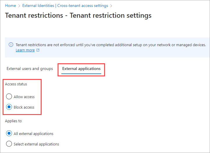 Capture d'écran de l'état d'accès dans l'onglet des applications externes.