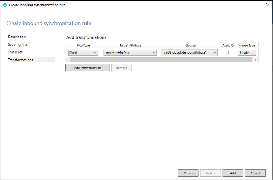 Capture d’écran de a création de transformations de règle de synchronisation entrantes.