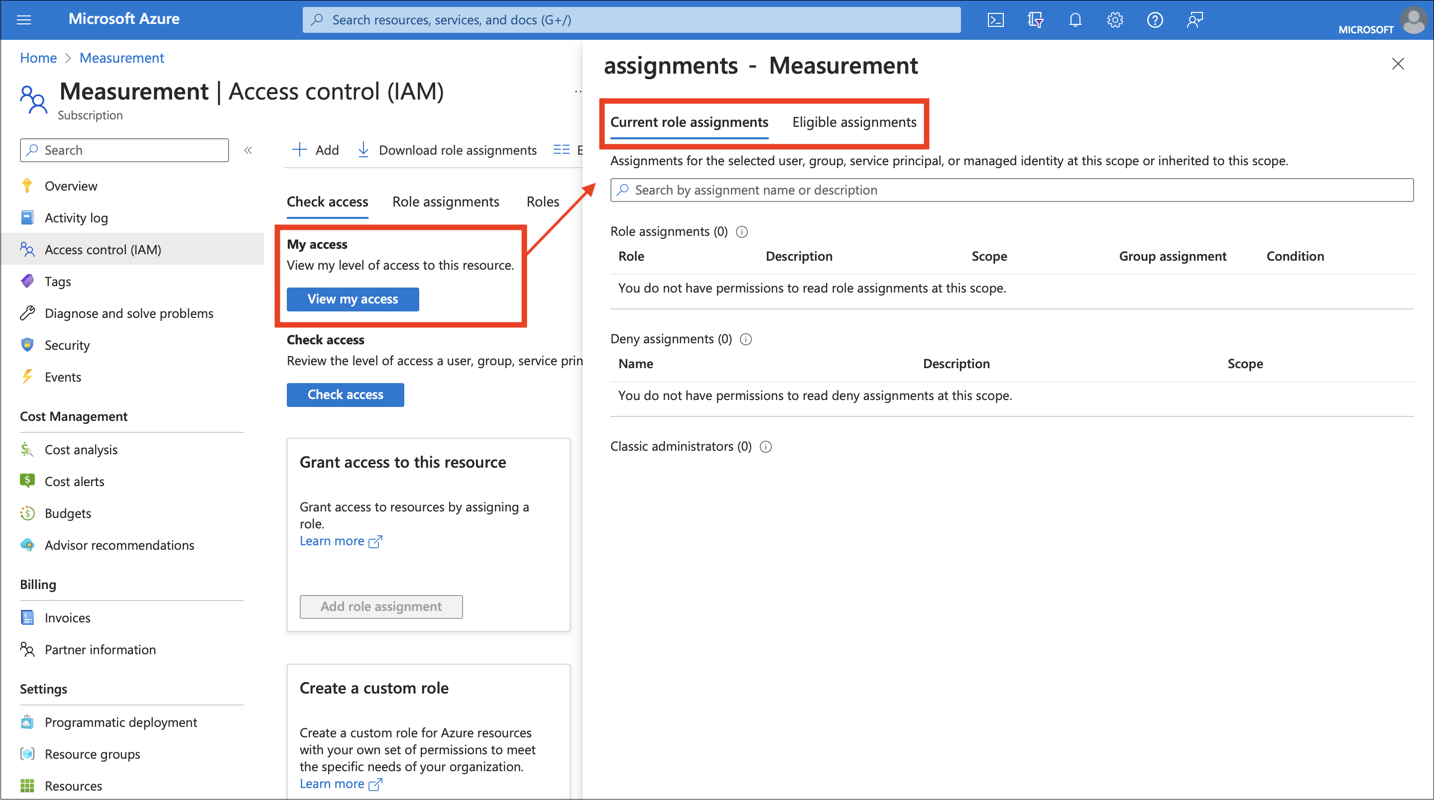 Capture d’écran des attributions de rôles actuelles à la page Mesure.