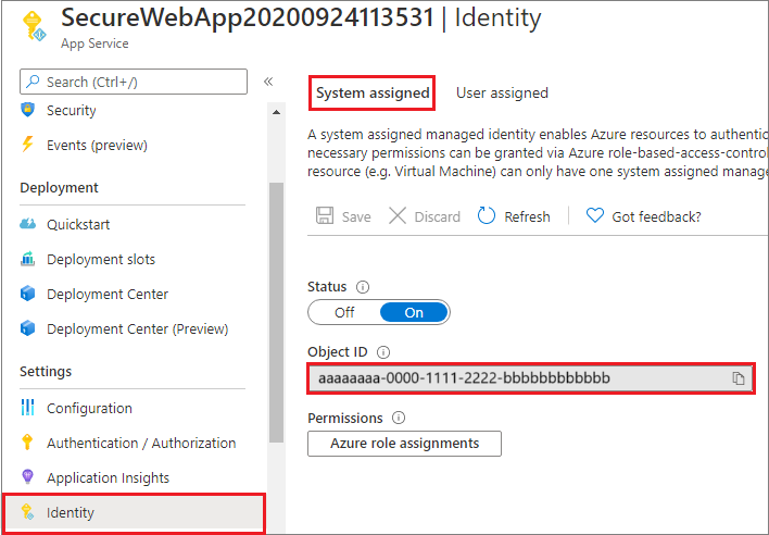 Capture d’écran montrant l’option d’identité affectée par le système.