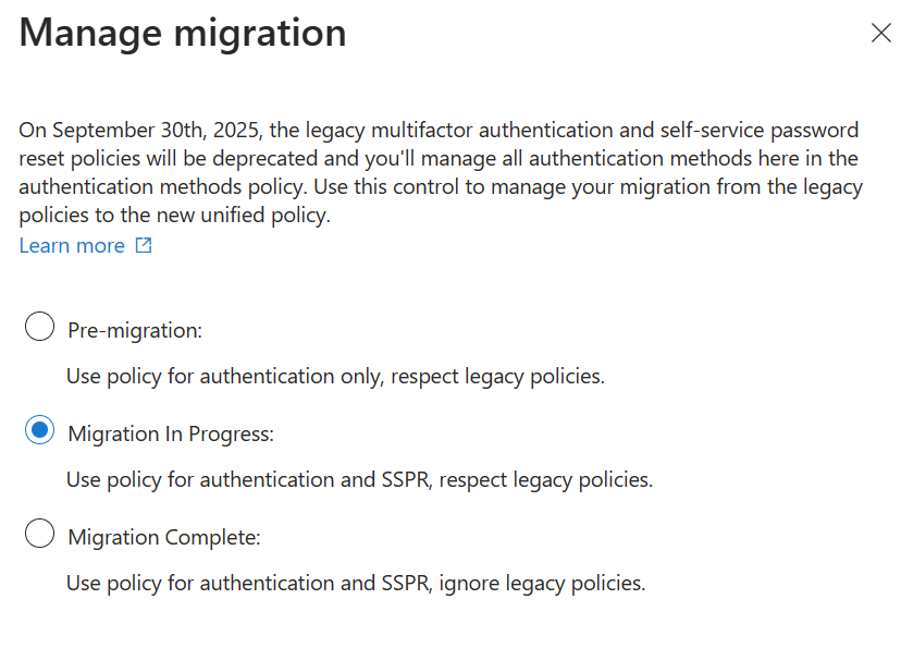 Capture d’écran des options de migration.