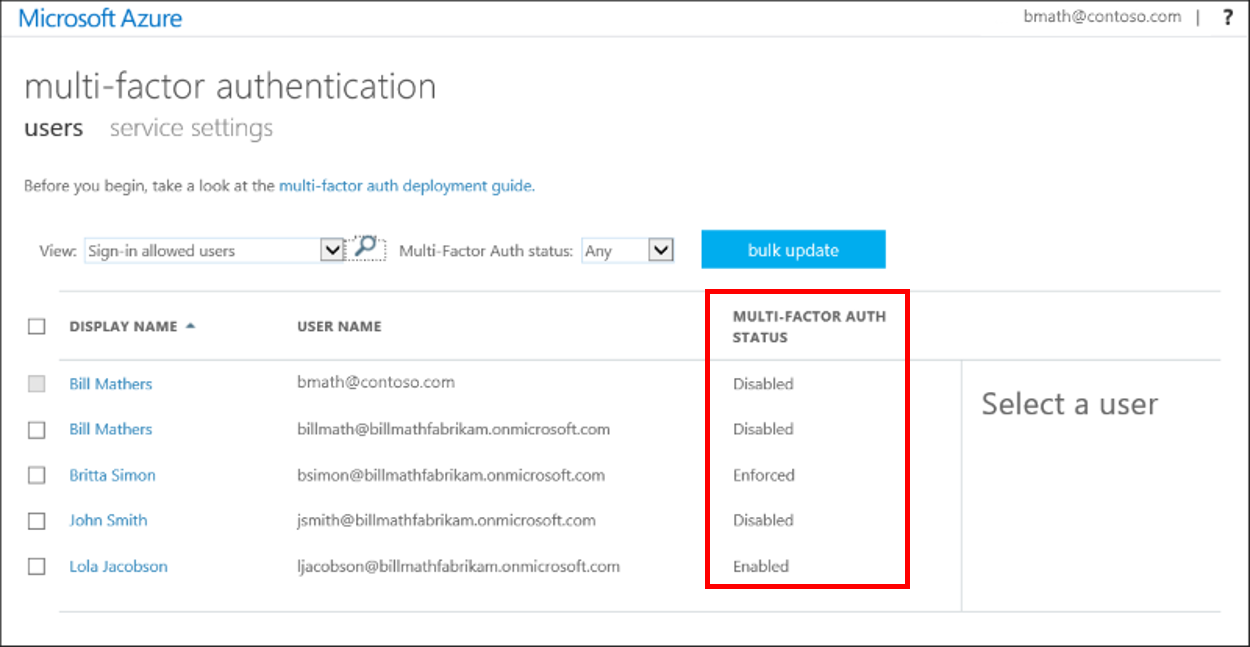 Capture d’écran montrant des exemples d’informations de statut d’utilisateur pour l’authentification multifacteur Microsoft Entra.