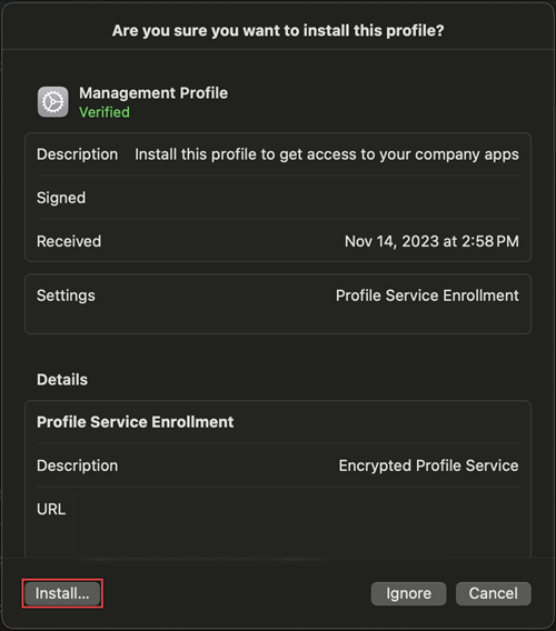 Capture d’écran de l’invite d’installation du profil de gestion dans les paramètres.
