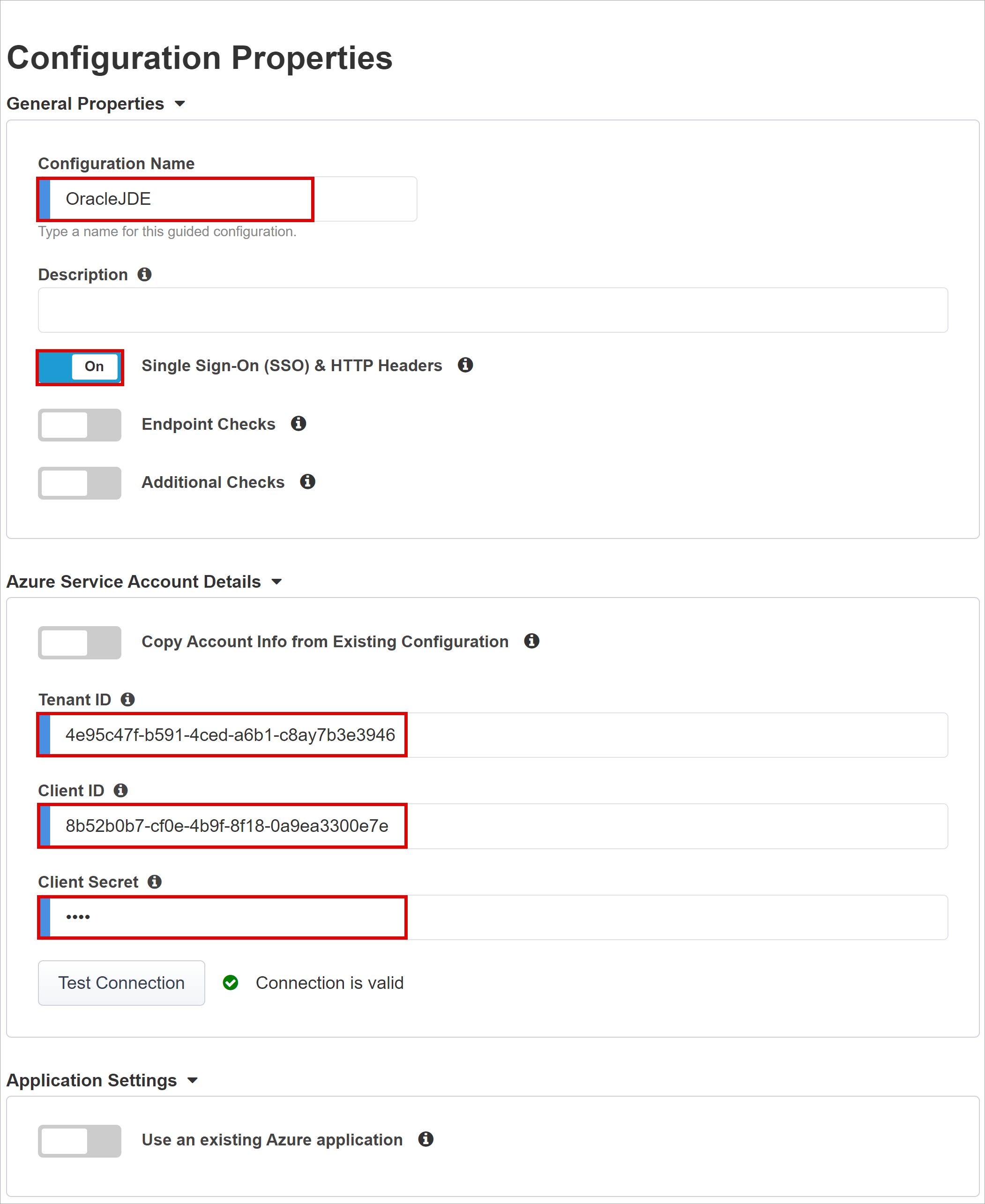 Capture d’écran des options et des sélections des propriétés de configuration.