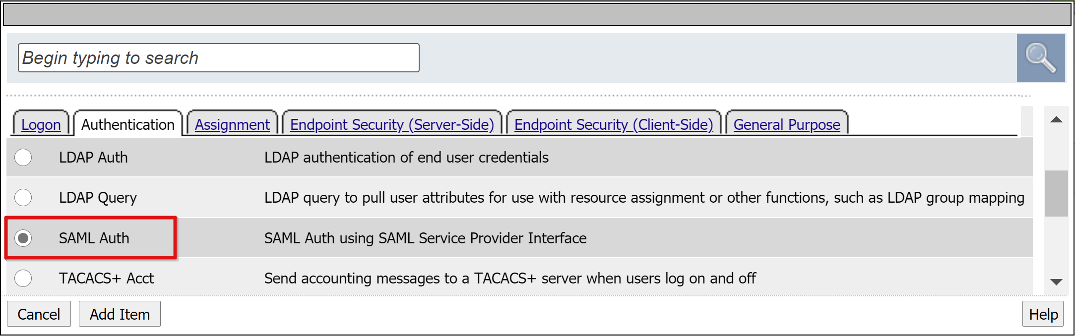 Capture d’écran de l’option Authentification SAML sous l’onglet Authentification.