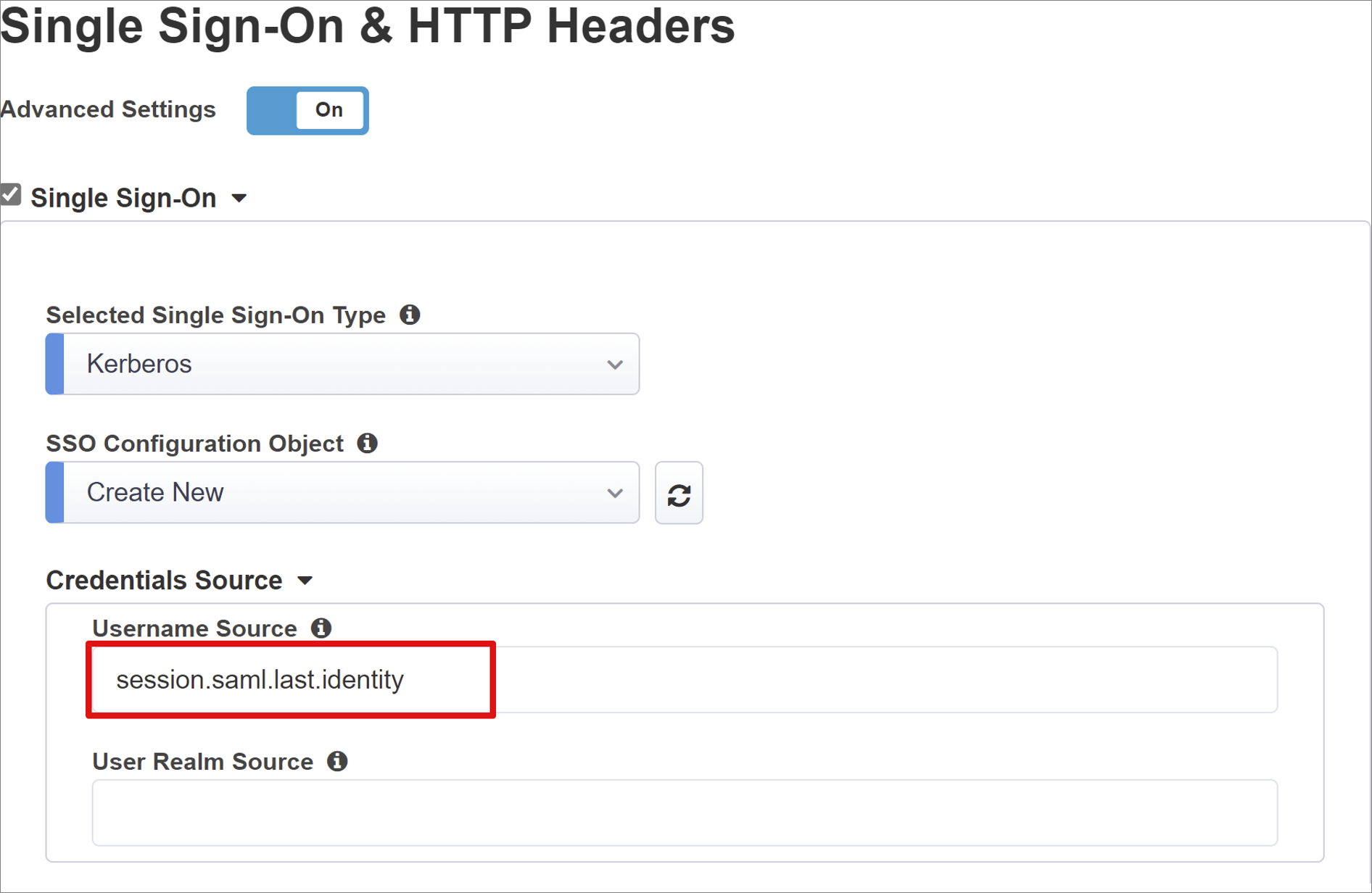 Capture d’écran des options et des sélections pour l’Authentification unique et les En-têtes HTTP.