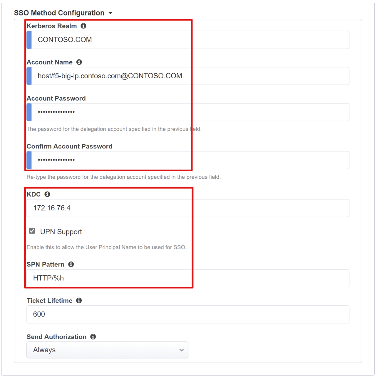 Capture d’écran des options et des sélections de la configuration de la méthode d’authentification unique.