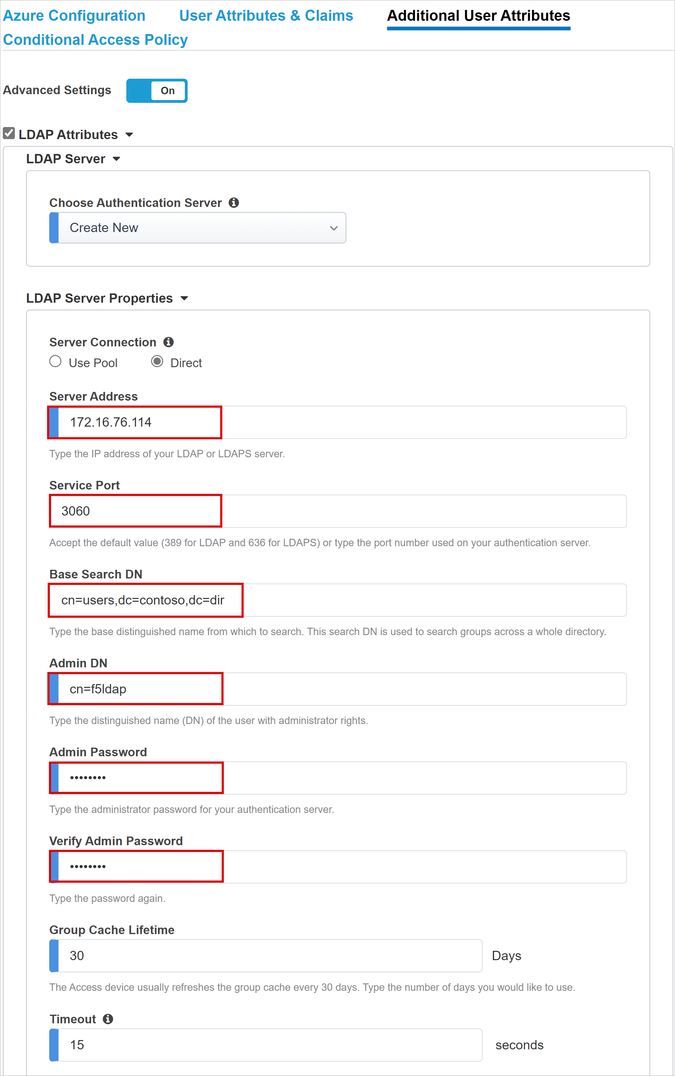 Capture d’écran des options et des entrées pour l’onglet Attributs d’utilisateurs complémentaires.