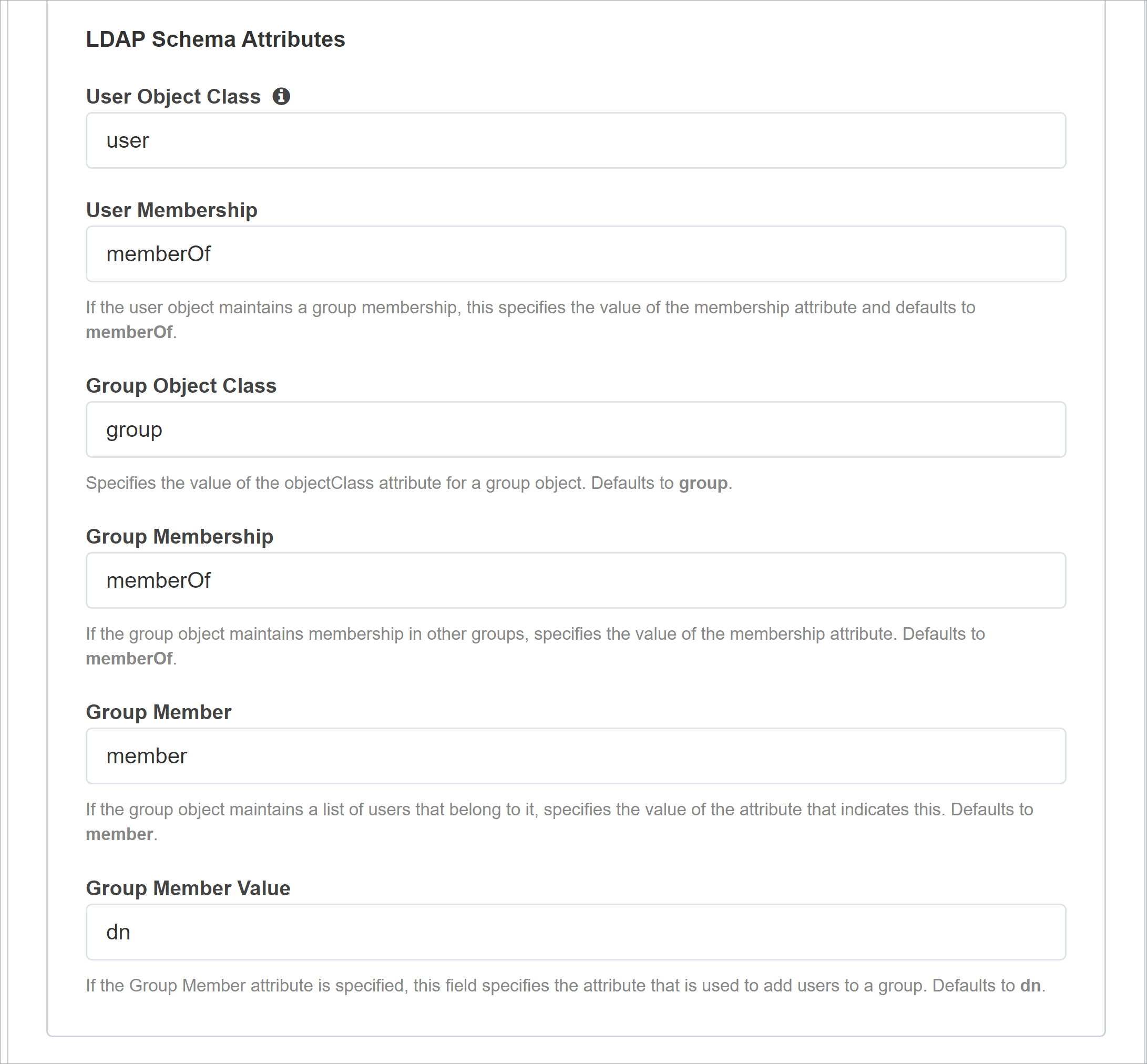 Capture d’écran des attributs de schéma LDAP