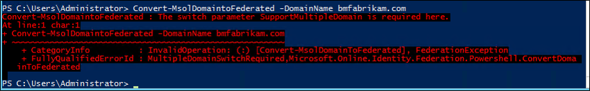 Capture d’écran montrant une erreur de fédération dans PowerShell.