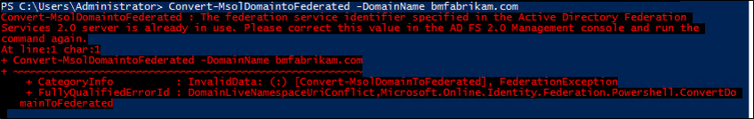 Capture d’écran montrant une erreur de fédération dans PowerShell après une tentative de conversion d’un nouveau domaine à l’aide de la commande « Convert-MsolDomaintoFederated ».