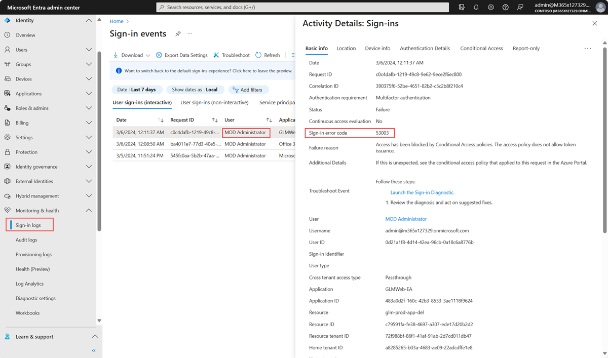 Capture d’écran du rapports Connexions du centre d’administration Microsoft Entra.