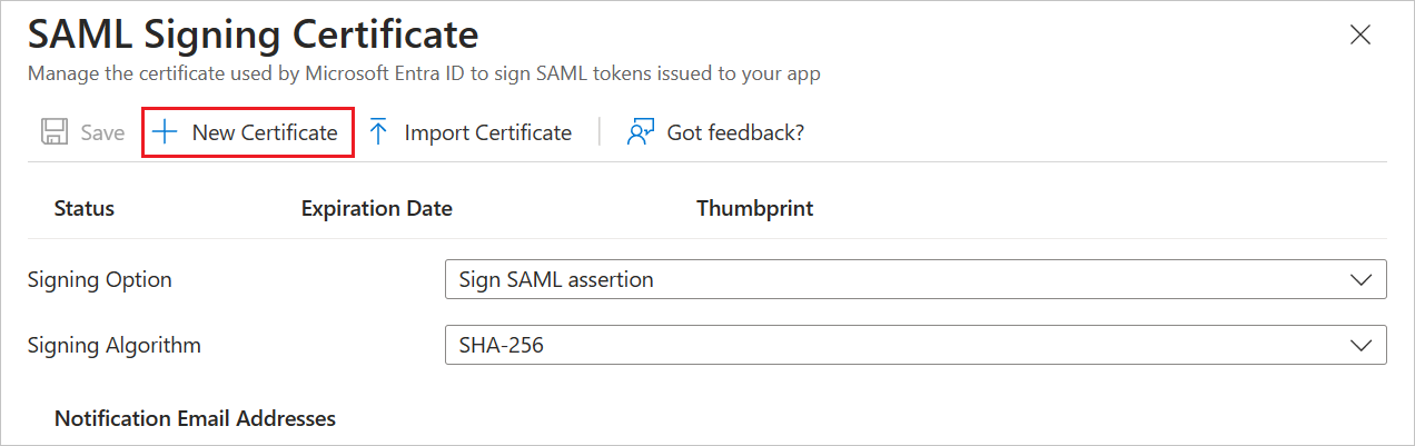 Capture d’écran montrant Nouveau certificat SAML.