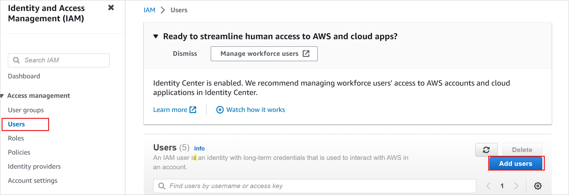 Capture d’écran de la console IAM d’AWS, avec Utilisateurs mis en évidence.