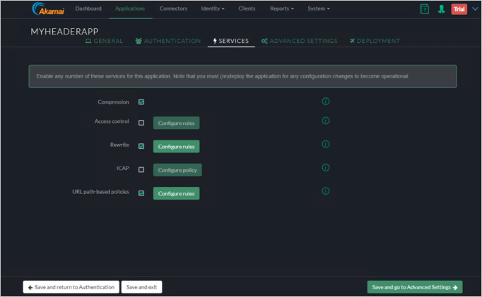 Capture d’écran de l’onglet Services de la console Akamai EAA pour MYHEADERAPP montrant le bouton Save and go to Advanced Settings (Enregistrer et accéder aux paramètres avancés) dans le coin inférieur droit.