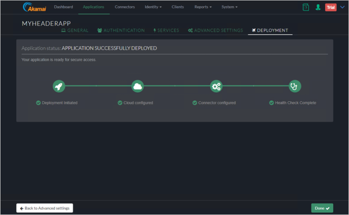 Capture d’écran de l’onglet Deployment (Déploiement) de la console Akamai EAA montrant le message d’état de l’application : « Application Successfully Deployed » (Déploiement réussi de l’application).