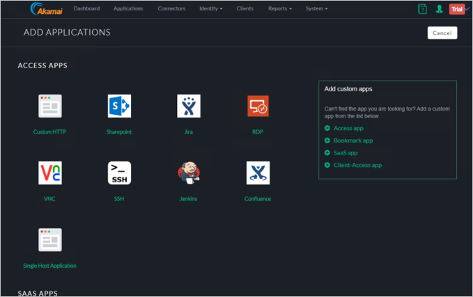 Capture d’écran de l’assistant Add Applications (Ajout d’applications) de la console Akamai EAA montrant RDP listé parmi les applications dans la section Access Apps (Applications d’accès).