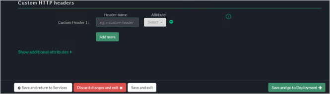 Capture d’écran des paramètres Custom HTTP headers (En-têtes HTTP personnalisés) de la console Akamai EAA pour SECRETRDPAPP montrant le bouton Save and go to Deployment (Enregistrer et accéder au déploiement) dans le coin inférieur droit.