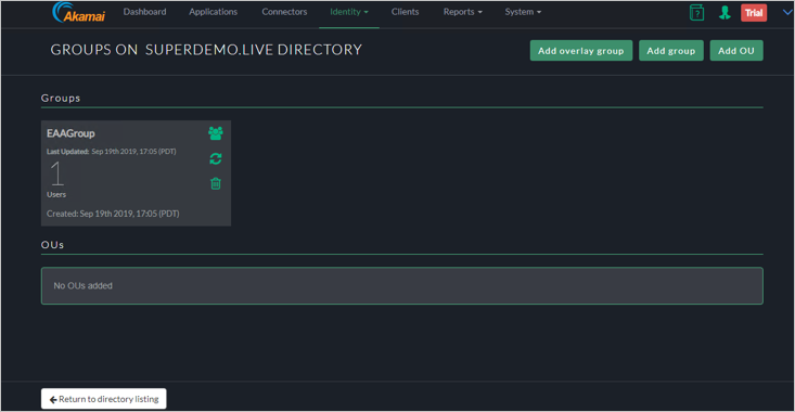 Capture d’écran de la fenêtre GROUPS ON SUPERDEMOLIVE DIRECTORY (Groupes de l’annuaire SUPERDEMOLIVE) dans la console Akamai EAA. Le groupe EAAGroup avec 1 utilisateur est listé sous Groups (Groupes).