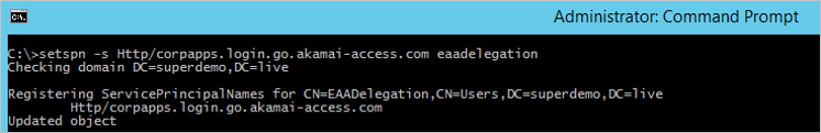 Capture d’écran d’une invite de commandes d’administrateur montrant les résultats de la commande setspn -s Http/corpapps.login.go.akamai-access.com eaadelegation.