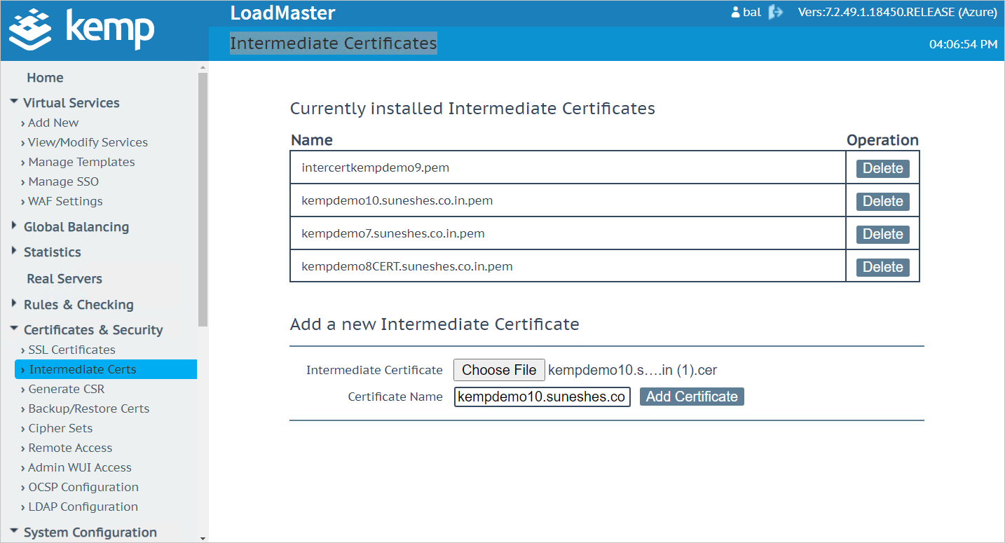 Capture d’écran montrant la section « Certificats intermédiaires actuellement installés » avec un exemple de certificat sélectionné.