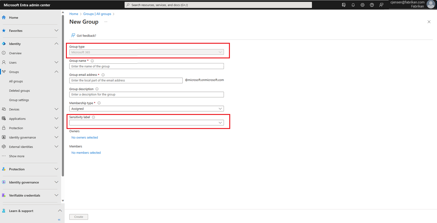 Capture d’écran illustrant l’attribution d’une étiquette de confidentialité dans la page Nouveaux groupes.