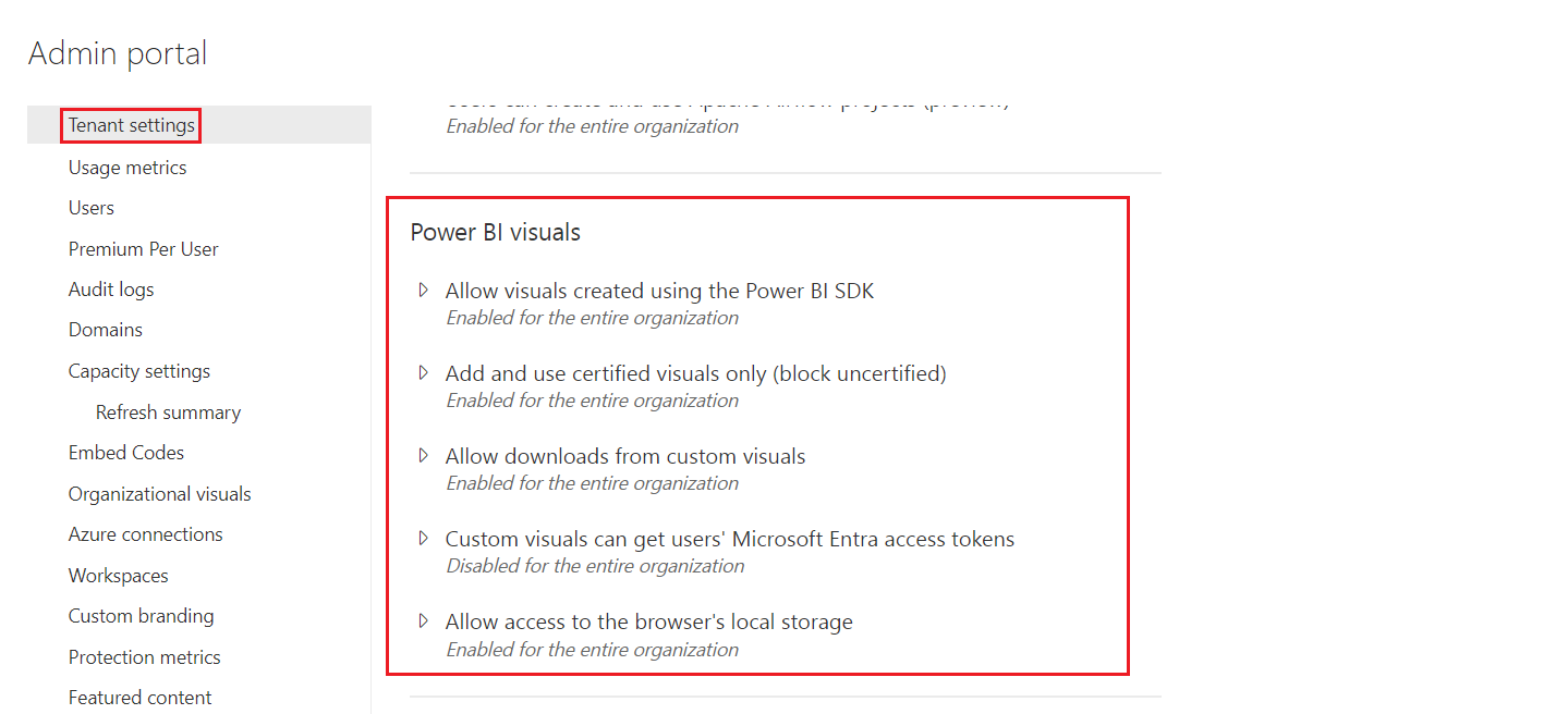 Capture d’écran de l’emplacement des paramètres du locataire des visuels Power BI.