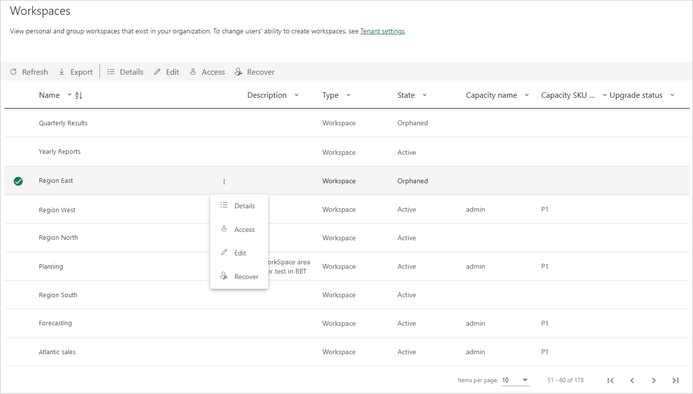 Capture d’écran montrant une liste d’espaces de travail Power BI dans le portail d’administration.