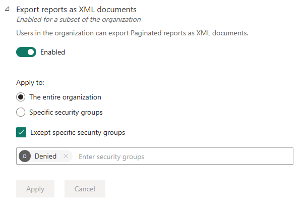 Capture d’écran des paramètres de locataire activés pour toute l’organisation hors exceptions.