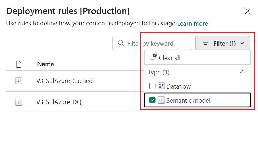 Capture d’écran du volet des règles de déploiement dans la nouvelle interface utilisateur, montrant que vous pouvez définir des règles pour les flux de données, les ensembles de données, les datamarts et les rapports paginés.