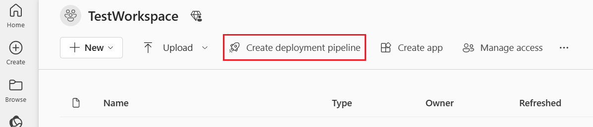 Capture d’écran du bouton permettant de créer un pipeline dans un espace de travail.