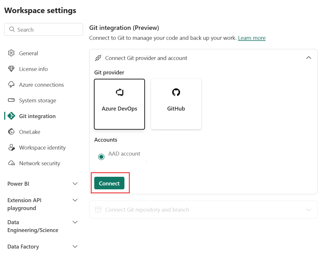 Capture d’écran de la fenêtre des paramètres de l’espace de travail avec l’intégration Git sélectionnée.